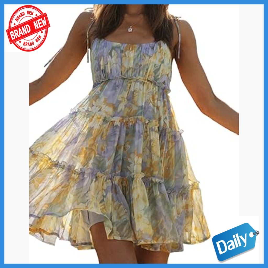 Polyester Mini Dress Sleeveless Spaghetti Strap Ruffle Boho Summer Casual